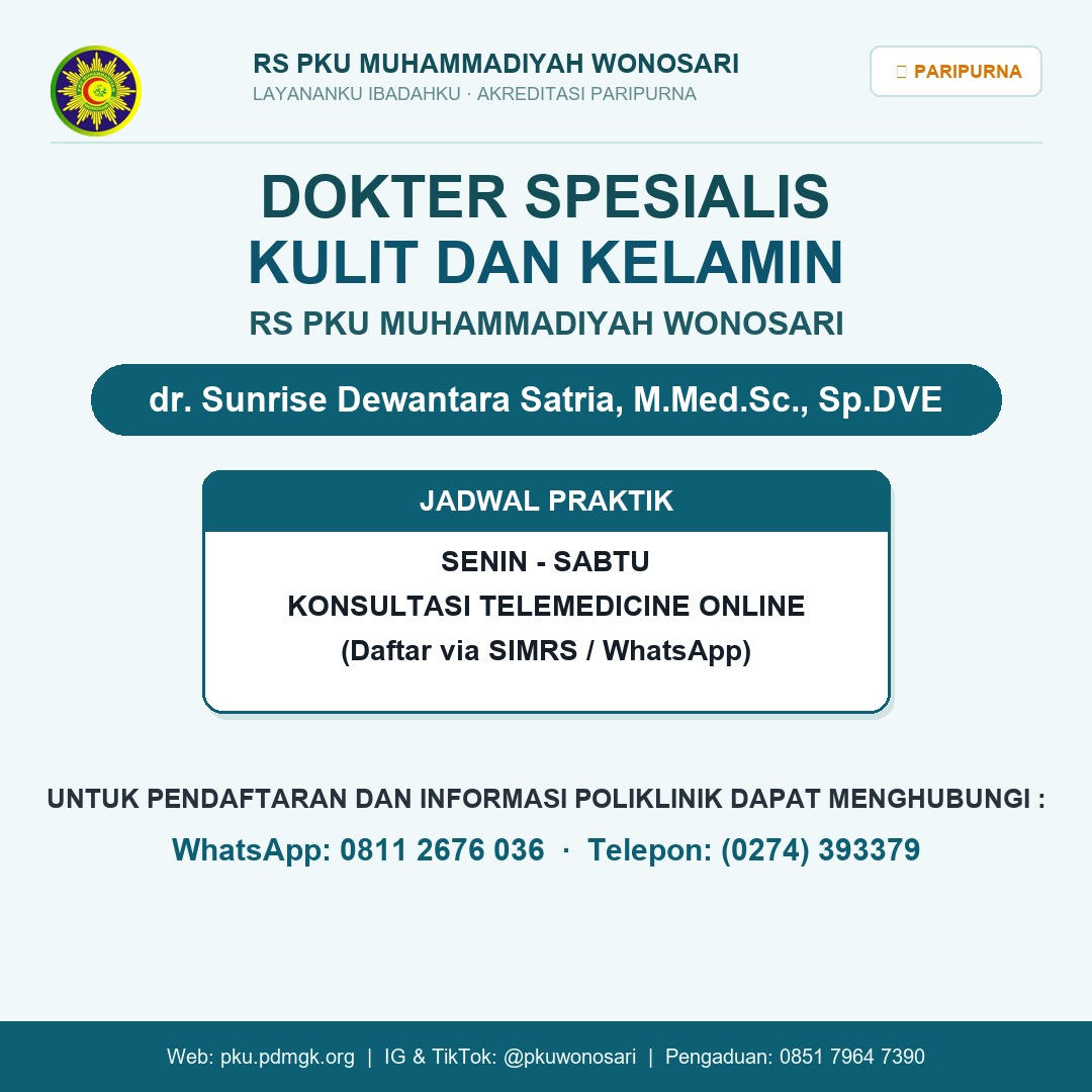 Jadwal dr. Sunrise Dewantara Satria, M.Med.Sc., Sp.DVE - Spesialis Kulit & Kelamin (DVE) RS PKU Wonosari